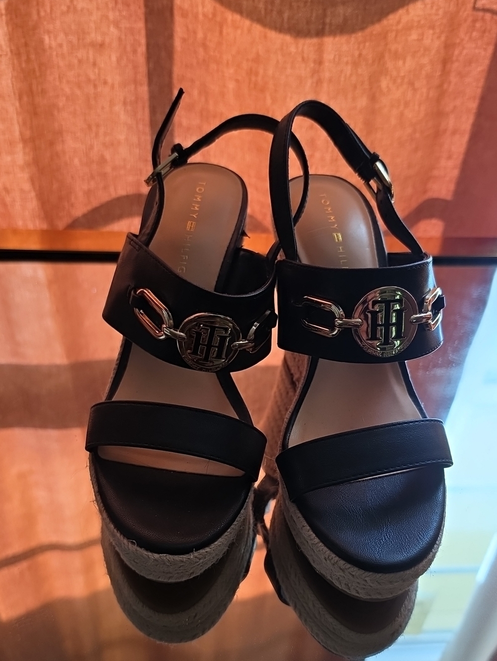 Tommy Hilfiger Black Wedge Espadrille Sandals with Gold Logo